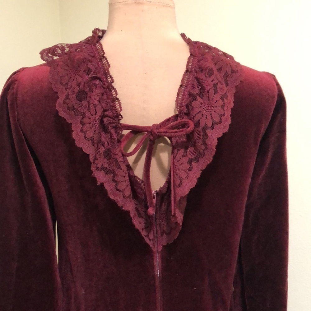 Vintage Maxi Dress Size 6 Burgundy Velvet Floral Lace High Neck - Picture 5 of 8